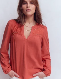 Top à col cranté en mélange de tissus