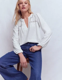 Top à col cranté en mélange de tissus