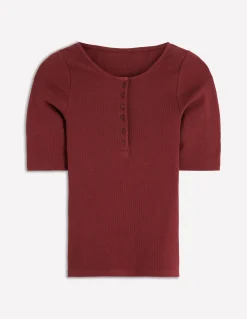 Top côtelé à manches courtes et col tunisien