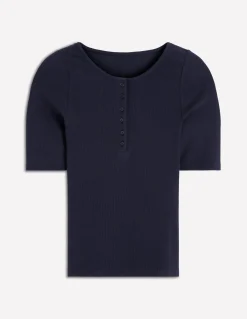 Top côtelé à manches courtes et col tunisien