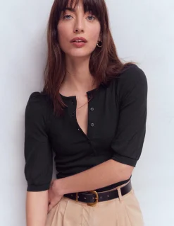 Top côtelé Evie à manches bouffantes