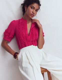 Top en soie à manches courtes et volants