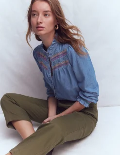 Top Esme en jean à smocks et volants