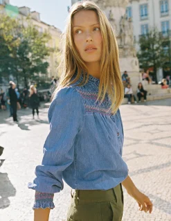 Top Esme en jean à smocks et volants